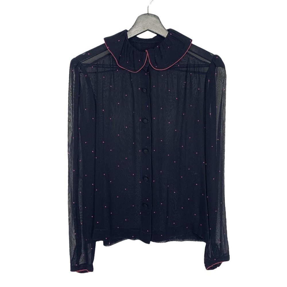 Vintage 90s Black Pink Sheer Micro Dot Long Sleeve Button Up Secretary Top Mediu